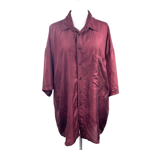 City Streets Tops - Vtg 80s City 100% Silk Tunic Top L Burgundy Blouse Button Up Romantic Boho Geek